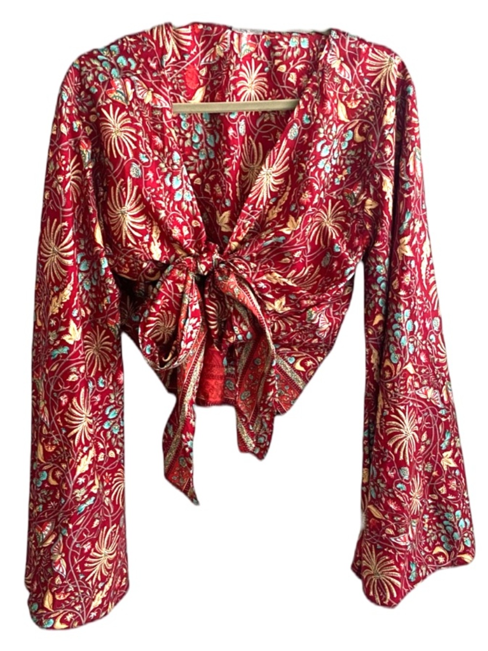 100% Silk Bohemian Tie-Front Red Floral Crop Top